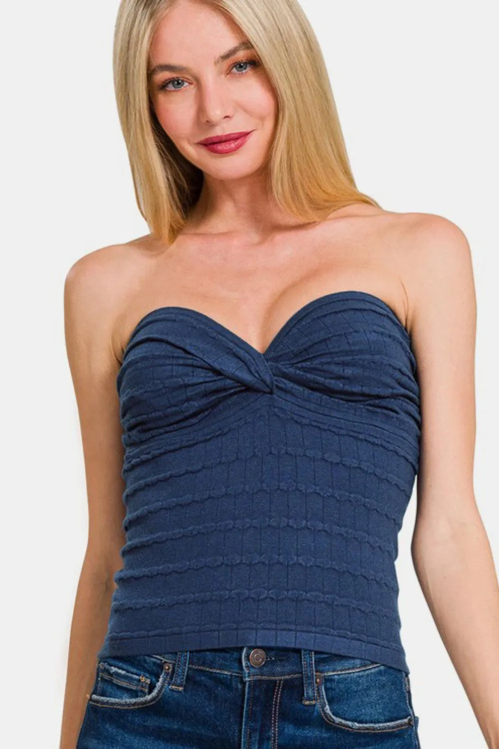 Top Col Cœur Torsadé Froncé – Bleu Marine