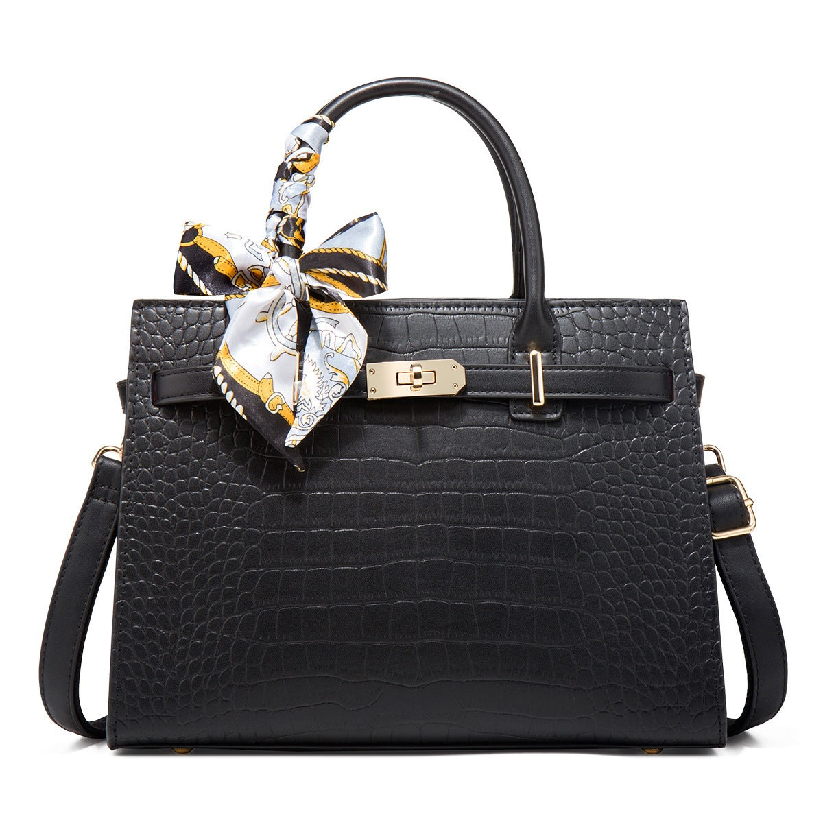 Sac à Main en Cuir Effet Croco à Poignée – Foulard Noir