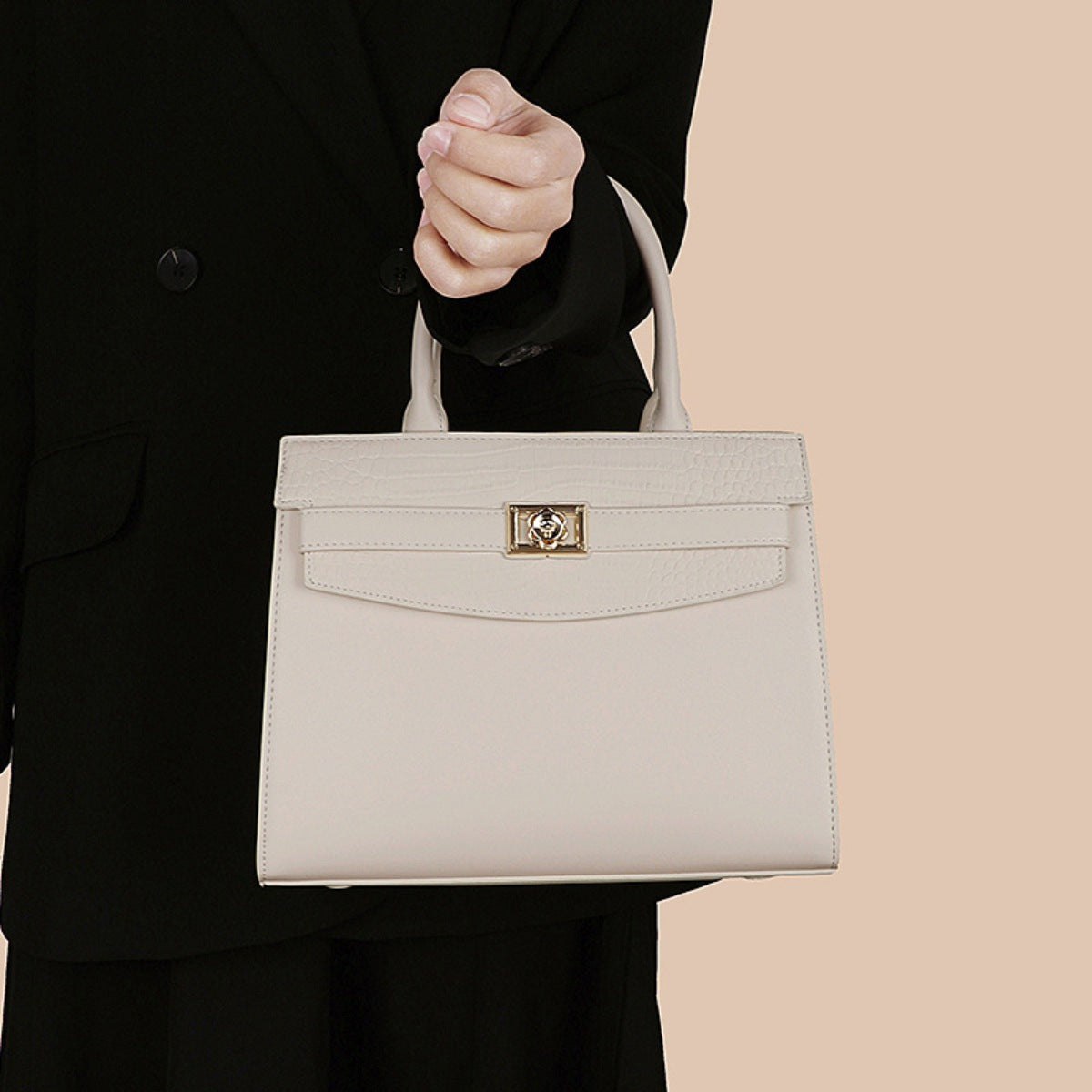 Sac à Main en Cuir à Poignée – Fermoir Doré Ivoire