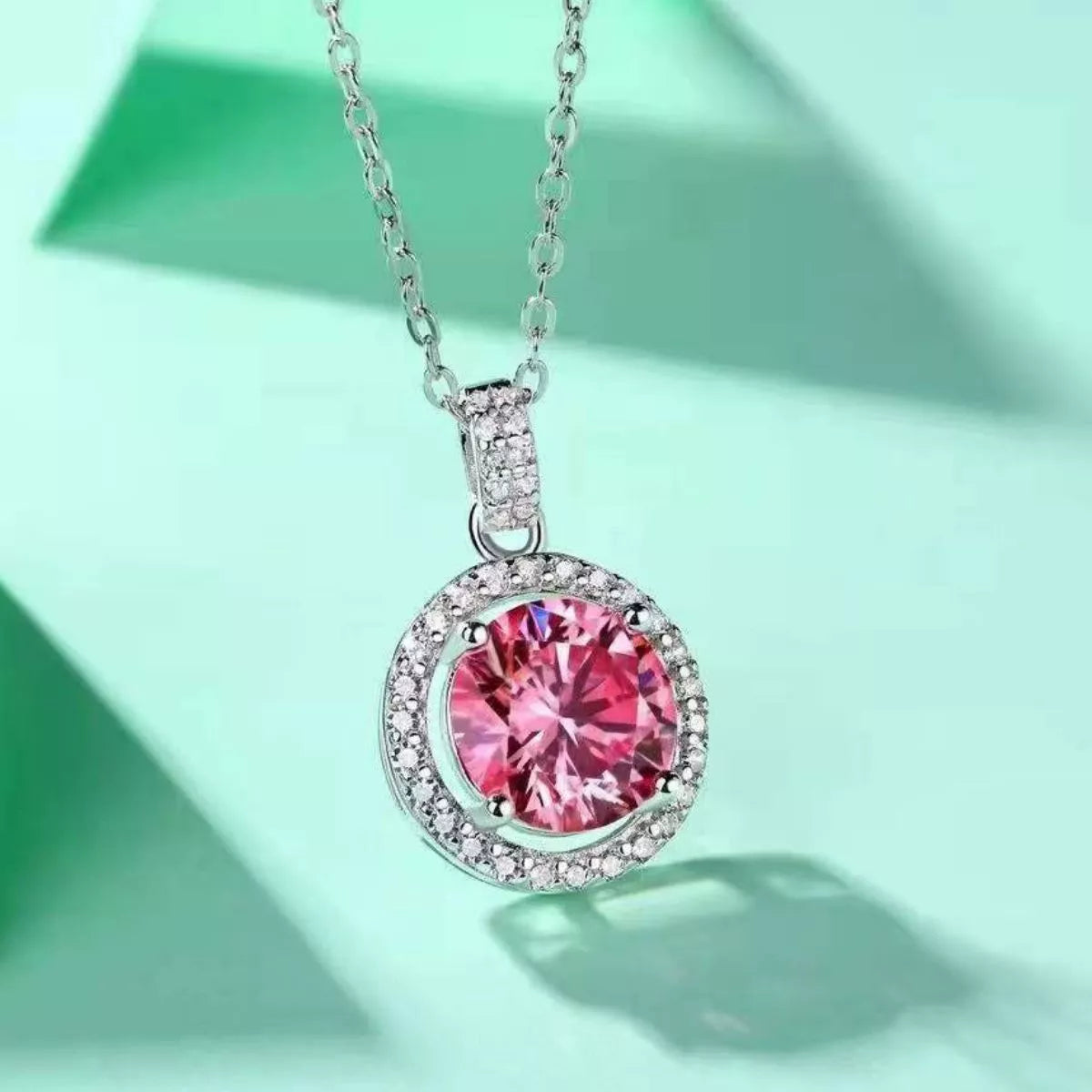 Collier Pendentif Moissanite 3 Carats Argent Sterling 925 – Rond Rose Poudré Halo