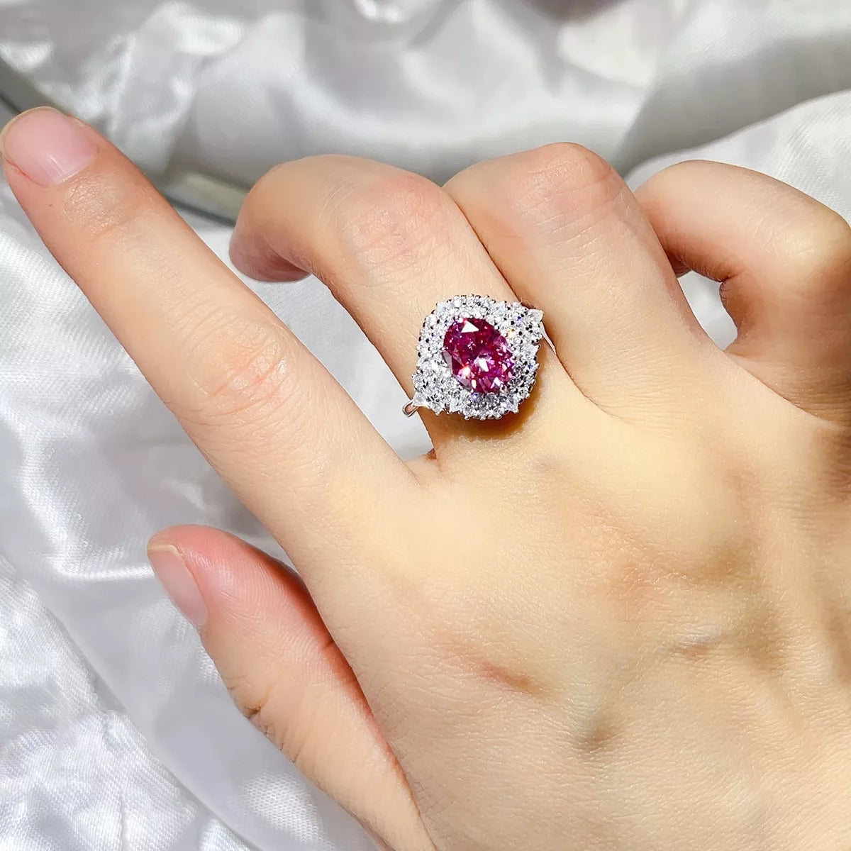 Bague Moissanite 2 Carats Argent Sterling 925 – Halo Rose Fuchsia