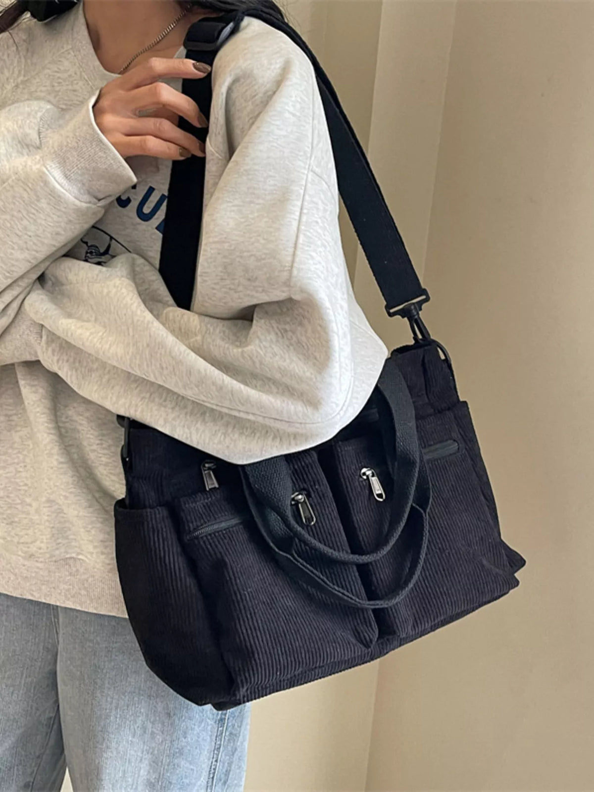 Sac Crossbody Velours Côtelé Multi-Poches