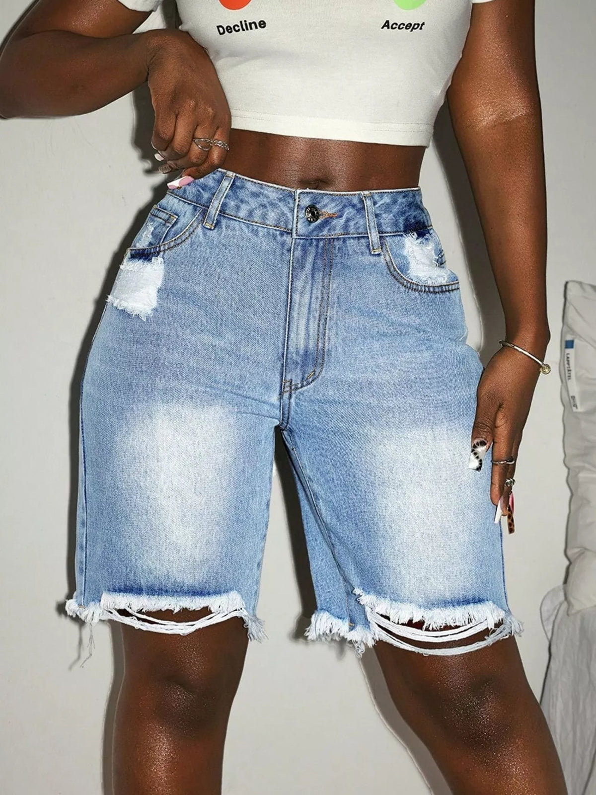 Short en Jean Taille Haute Délavé Bord Effiloché