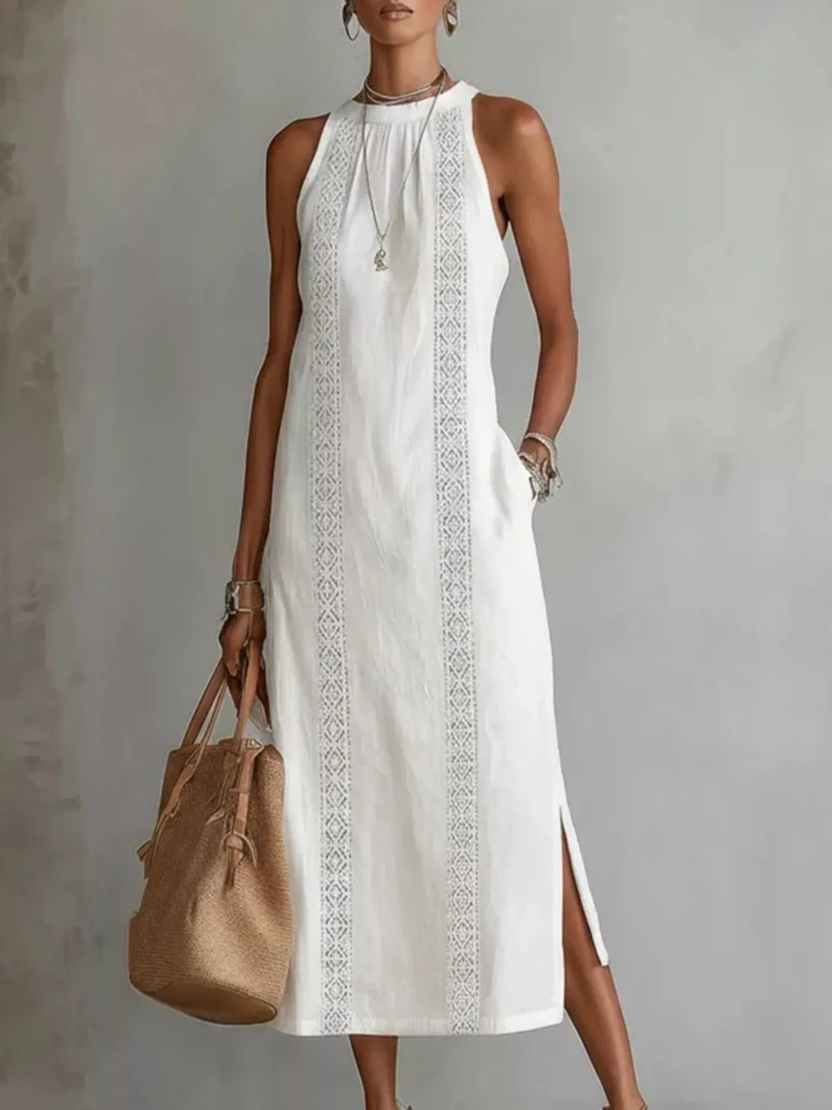 Robe Midi Grande Taille Sans Manches Bordure Dentelle