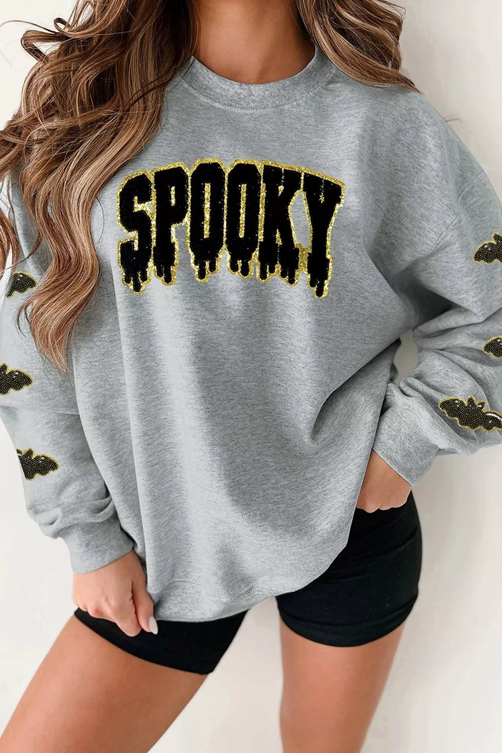 Sweat-shirt Halloween SPOOKY à Sequins et Manches Chauve-Souris
