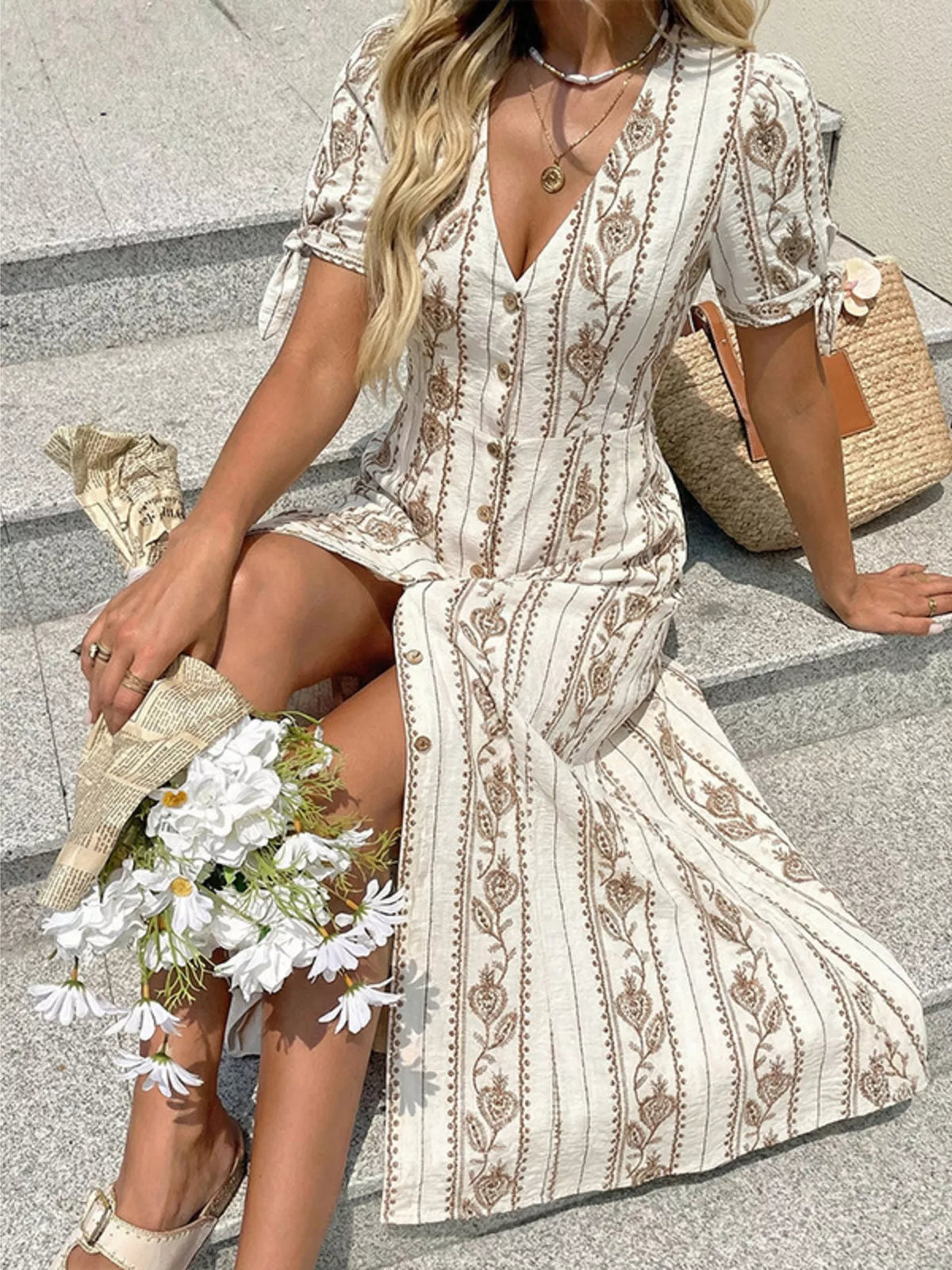 Robe Midi Imprimée Boutonnée