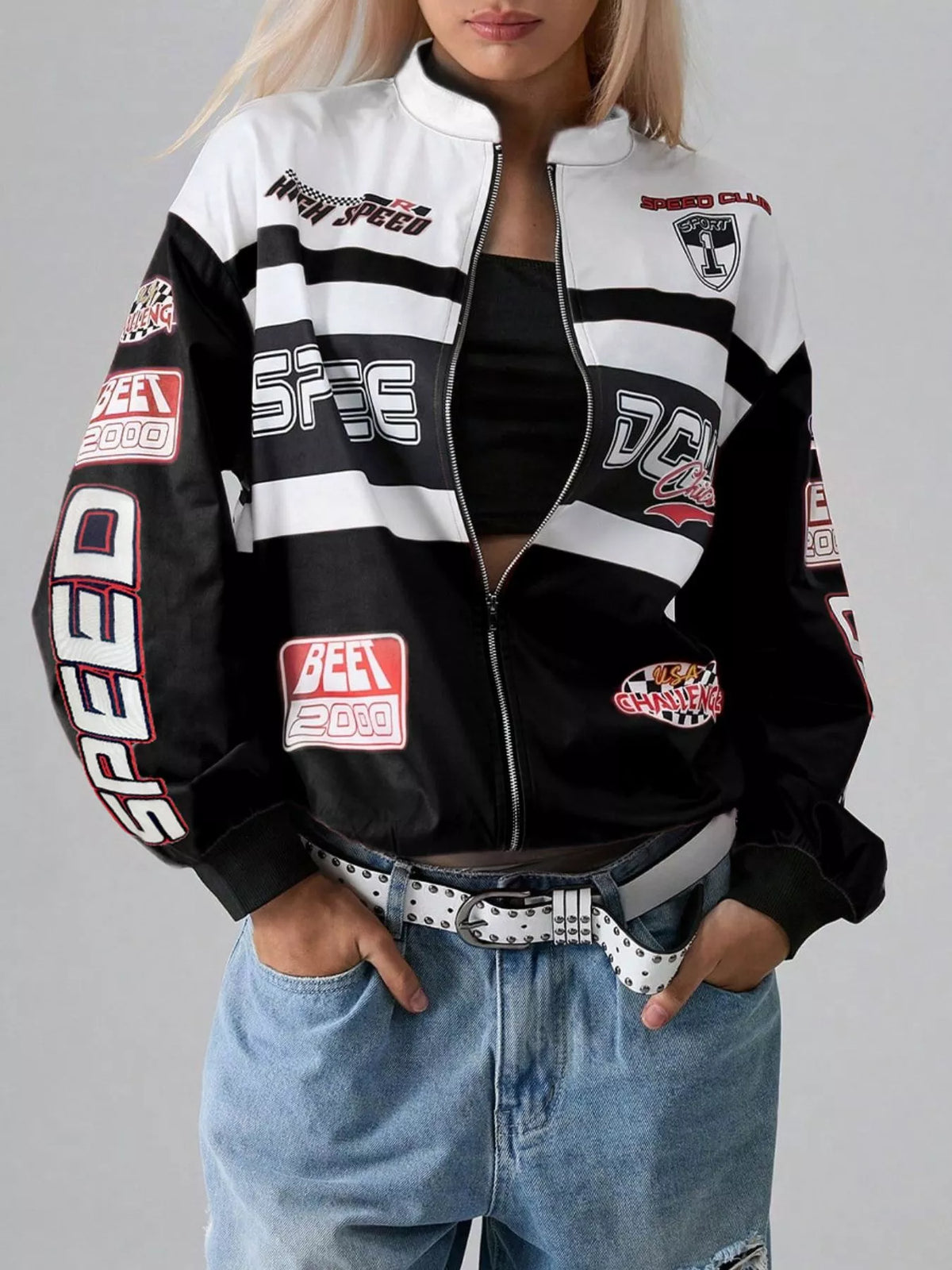Veste Zippée Lettres Épaules Tombantes