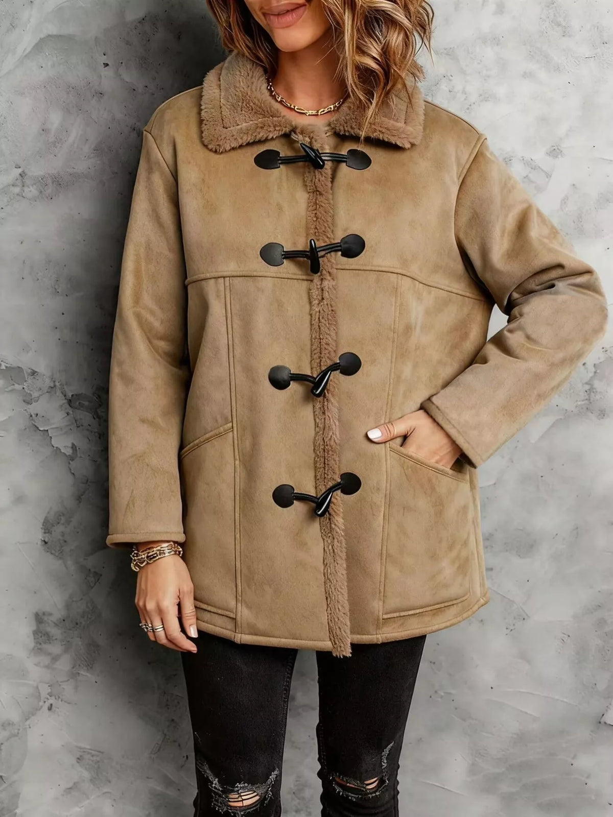 Manteau à Boutons Toggle Doublé Sherpa Suédine