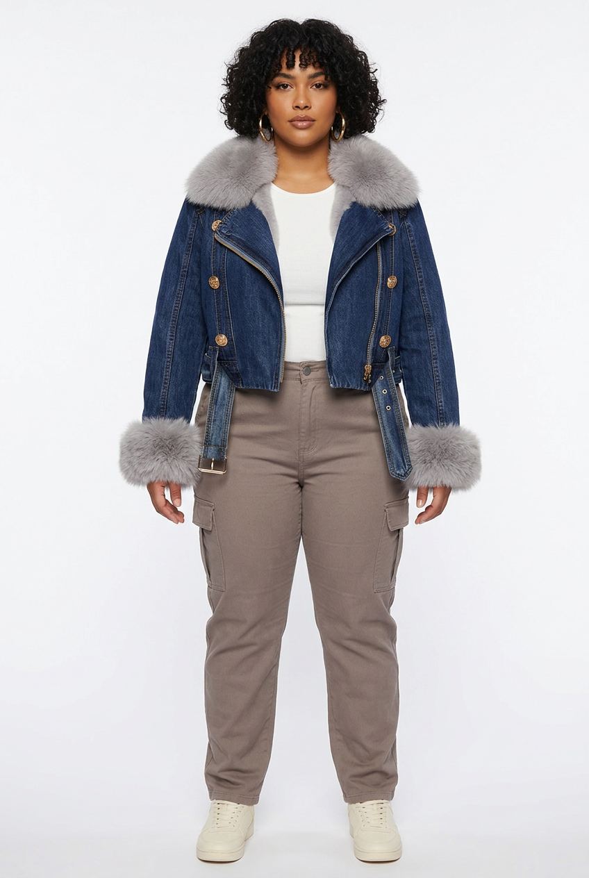 Veste en jean bleu foncé à col fausse fourrure portée de face sur mannequin grande taille