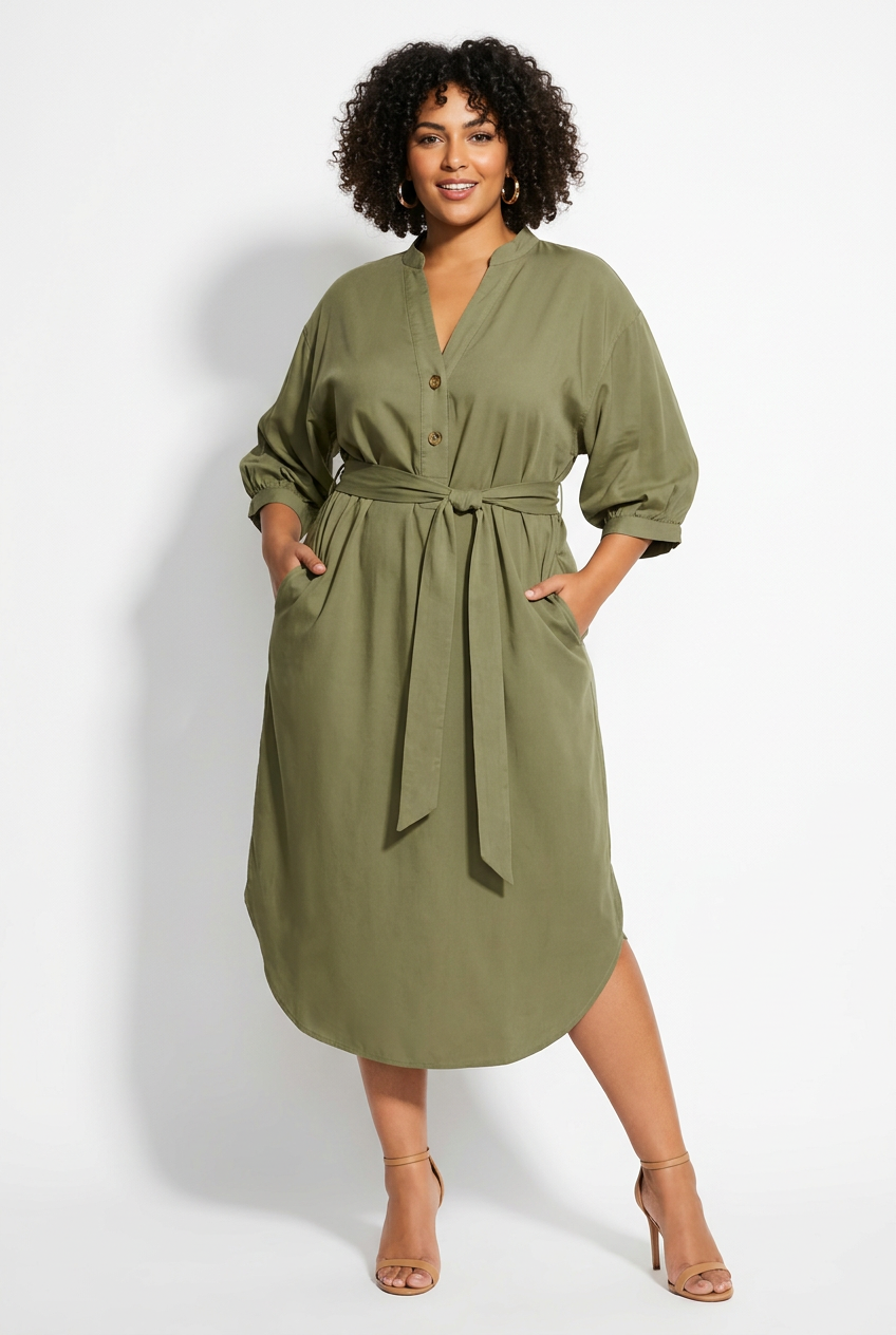 Robe Midi Col V Nouée à la Taille Grande Taille