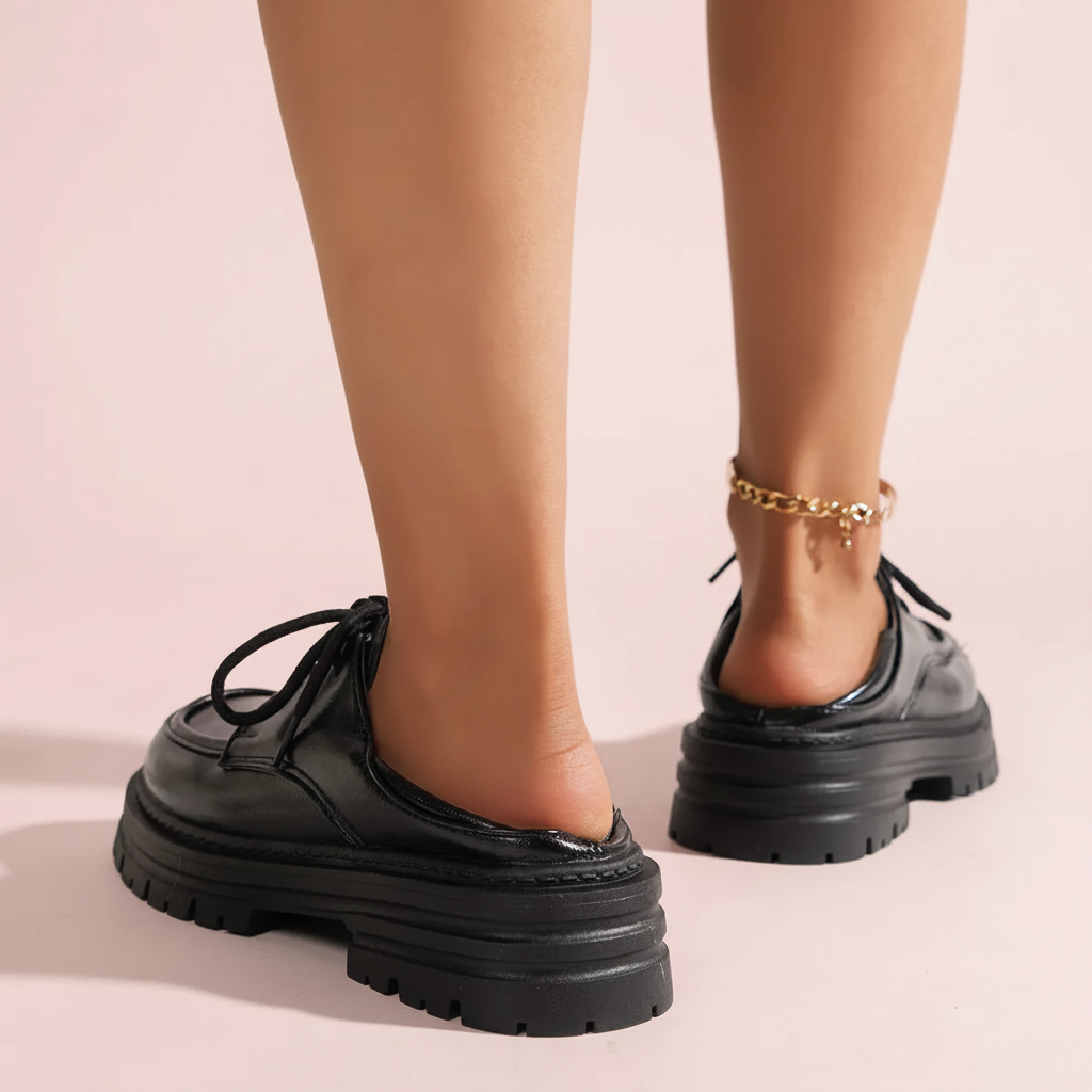 Mocassins plateforme noirs fond rose 3