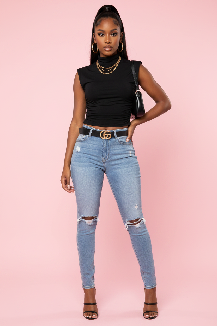 Top Sans Manches Col Montant Froncé – Black