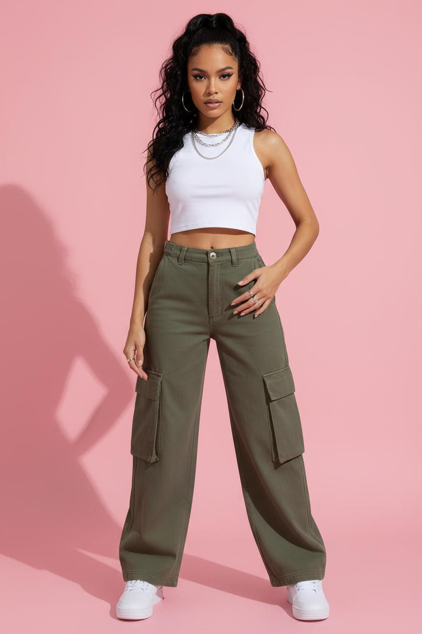 Jean cargo vert mannequin corps entier face