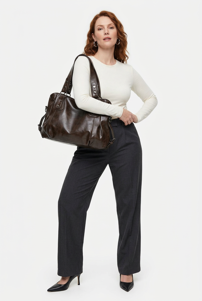 Sac vintage marron café porté corps entier en pose baddie