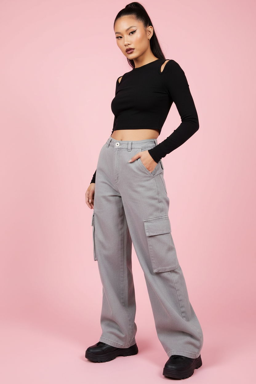 Jean cargo gris clair mannequin corps entier 3/4