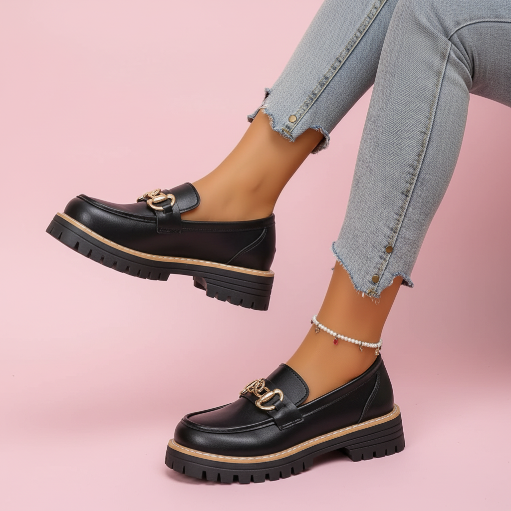 Mocassins noirs mat - fond rose pastel