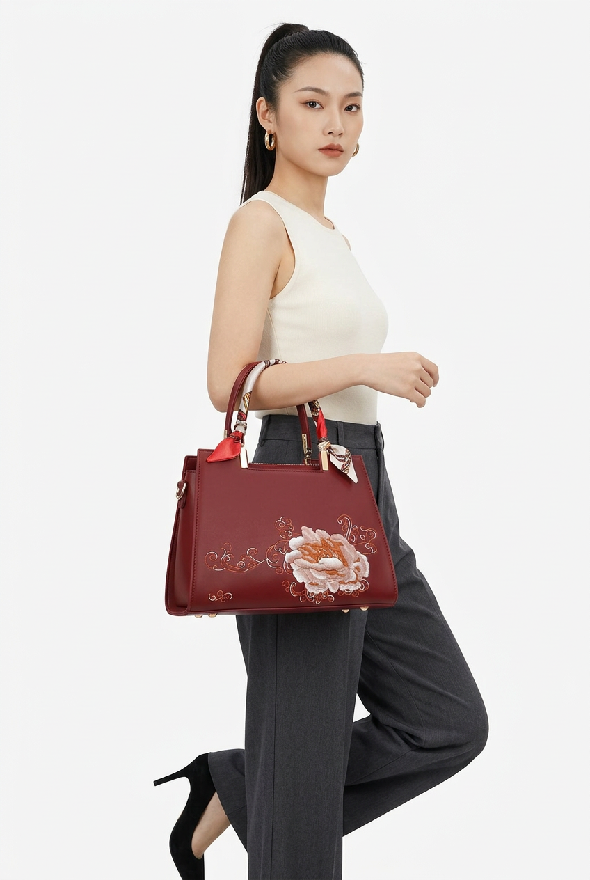 Gros plan du sac écarlate brodé de fleurs porté