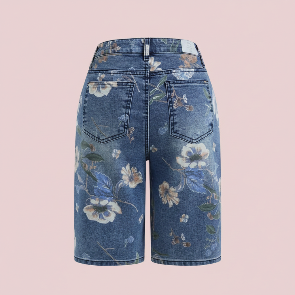 Short floral denim fond rose pastel 5
