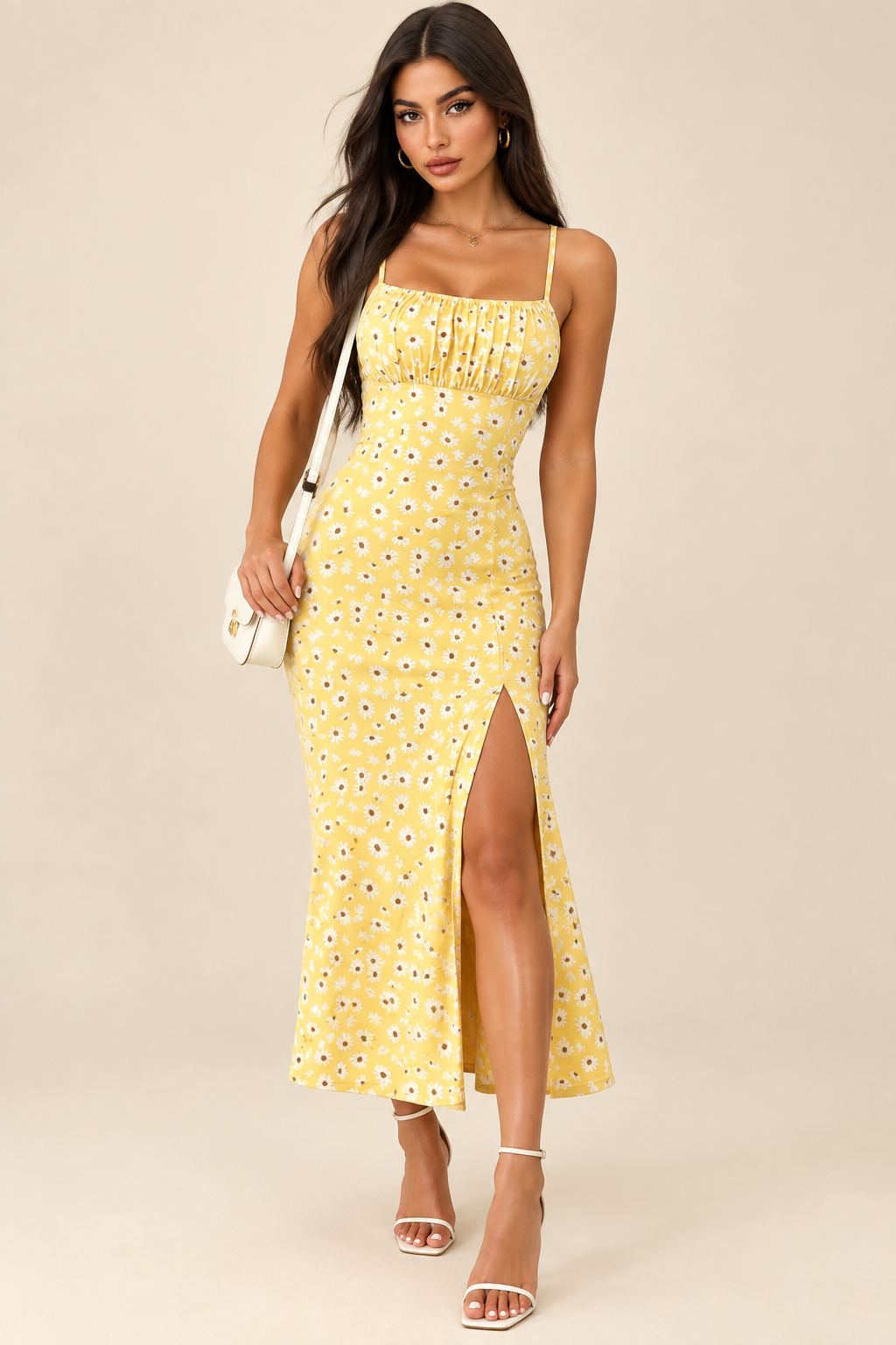 Robe Cami Midi Fendue Froncée - Lemon Yellow - Vue face