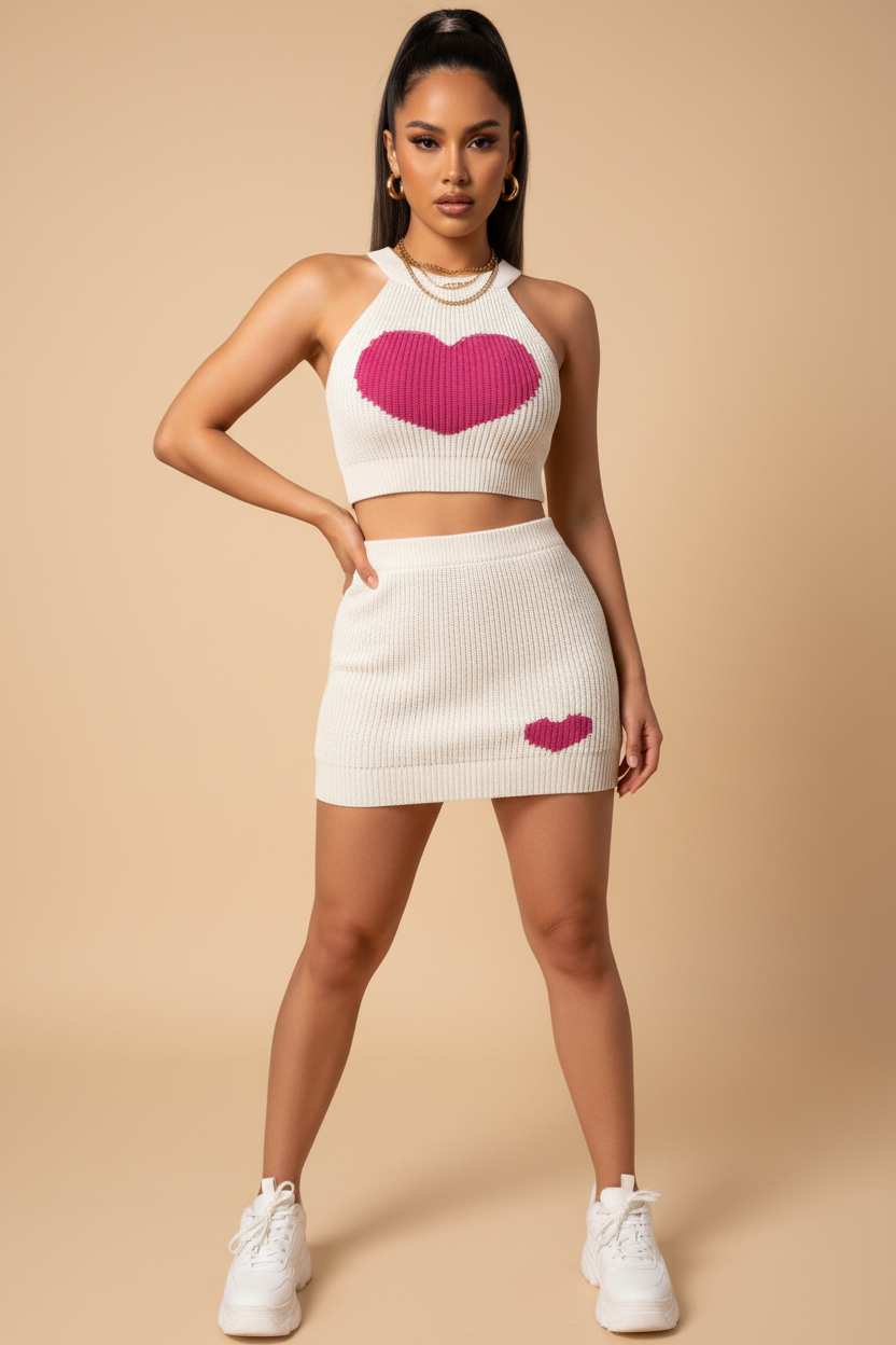 Mannequin White - Fond beige - Ensemble Top & Jupe Tricot Côtelé