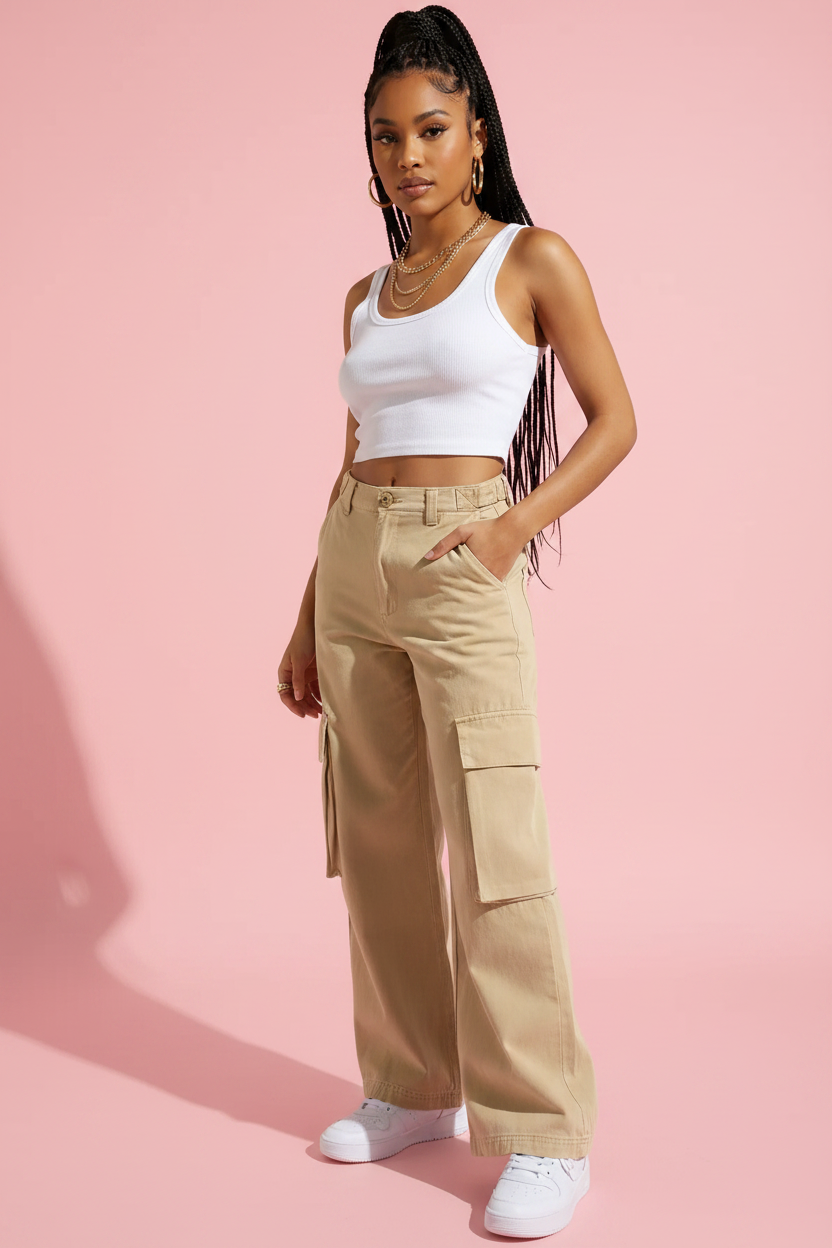 Jean cargo khaki mannequin corps entier 3/4