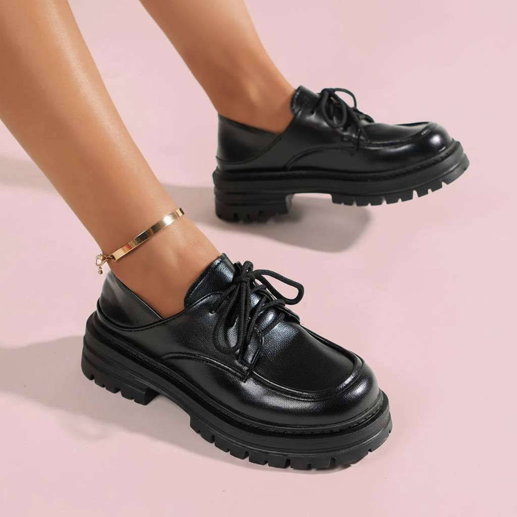 Mocassins plateforme noirs fond rose 2