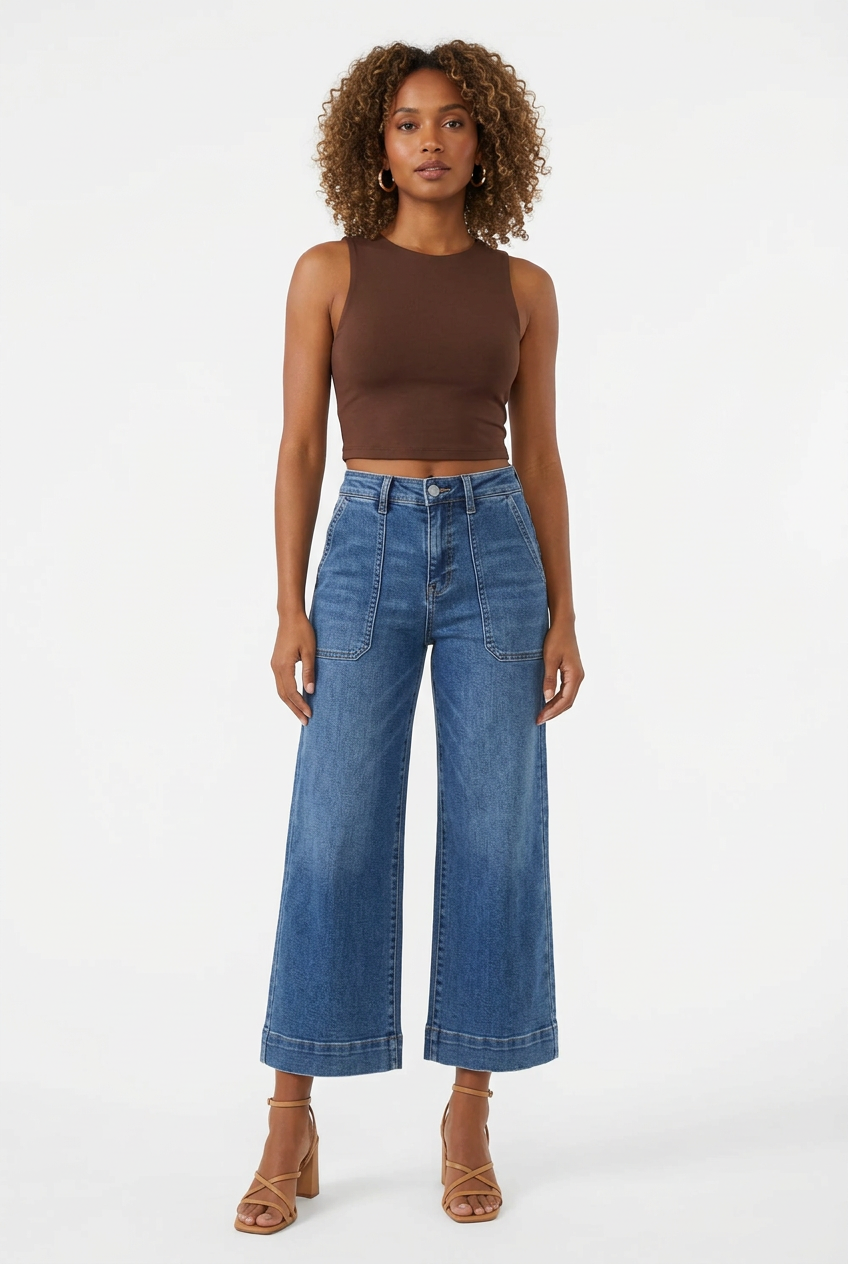 Jean large court taille haute bleu porté de face corps entier