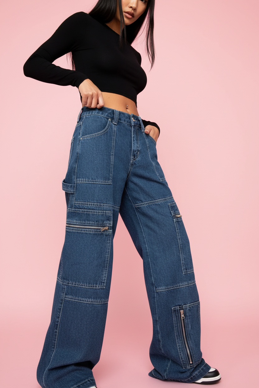 Zipper Pocket Wide Leg Cargo Jeans - Dark Blue - Vue 3/4
