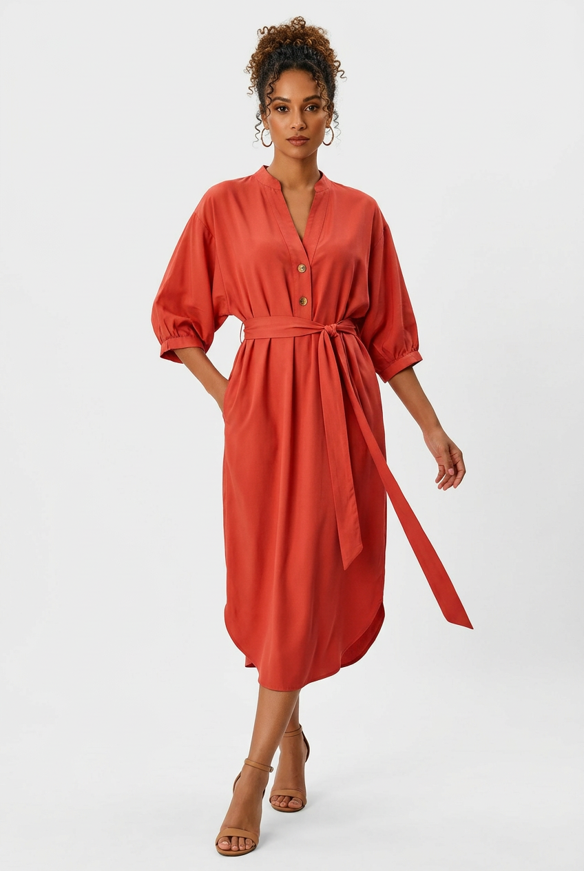 Robe Midi Col V Nouée à la Taille Grande Taille