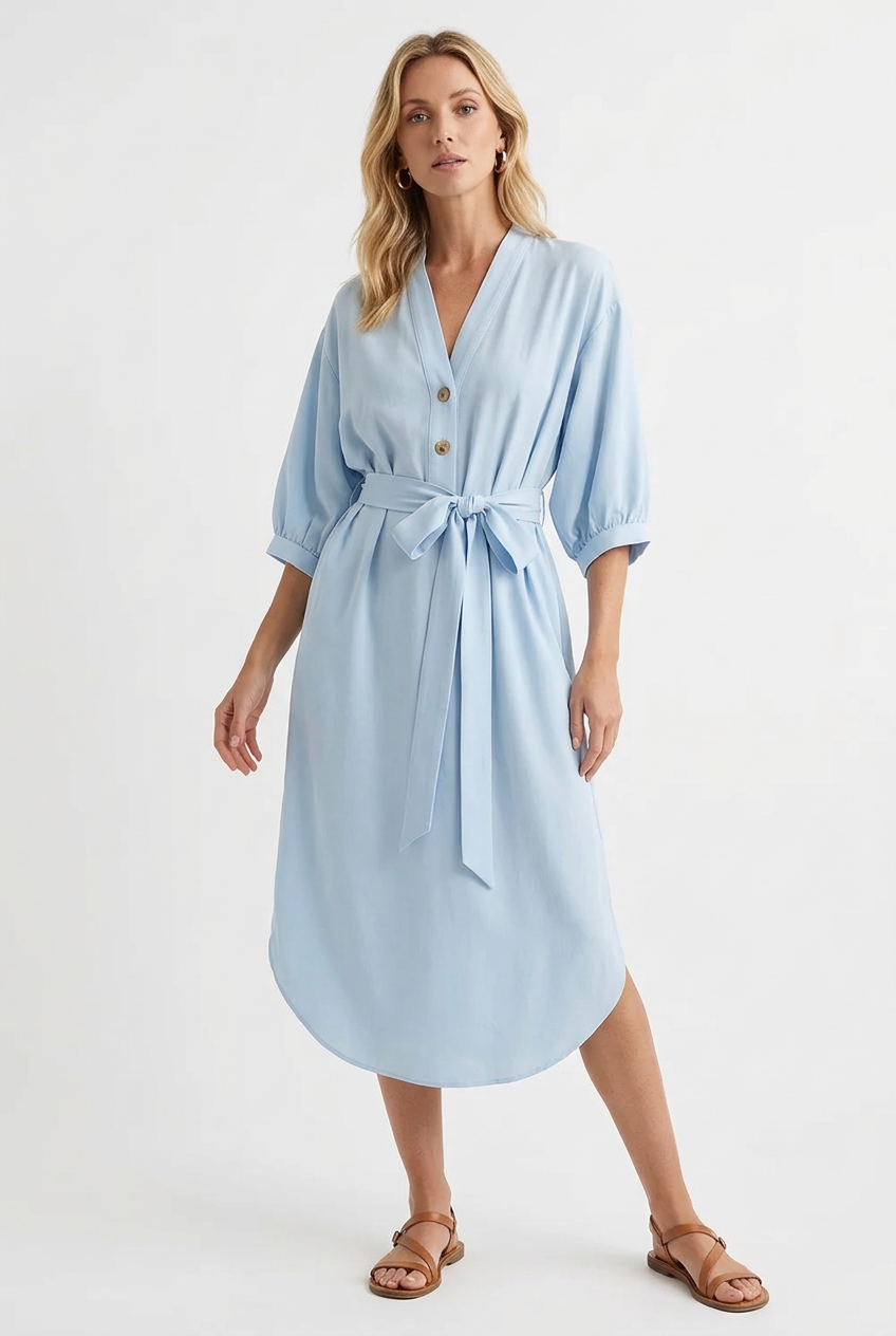 Robe Midi Col V Nouée à la Taille Grande Taille