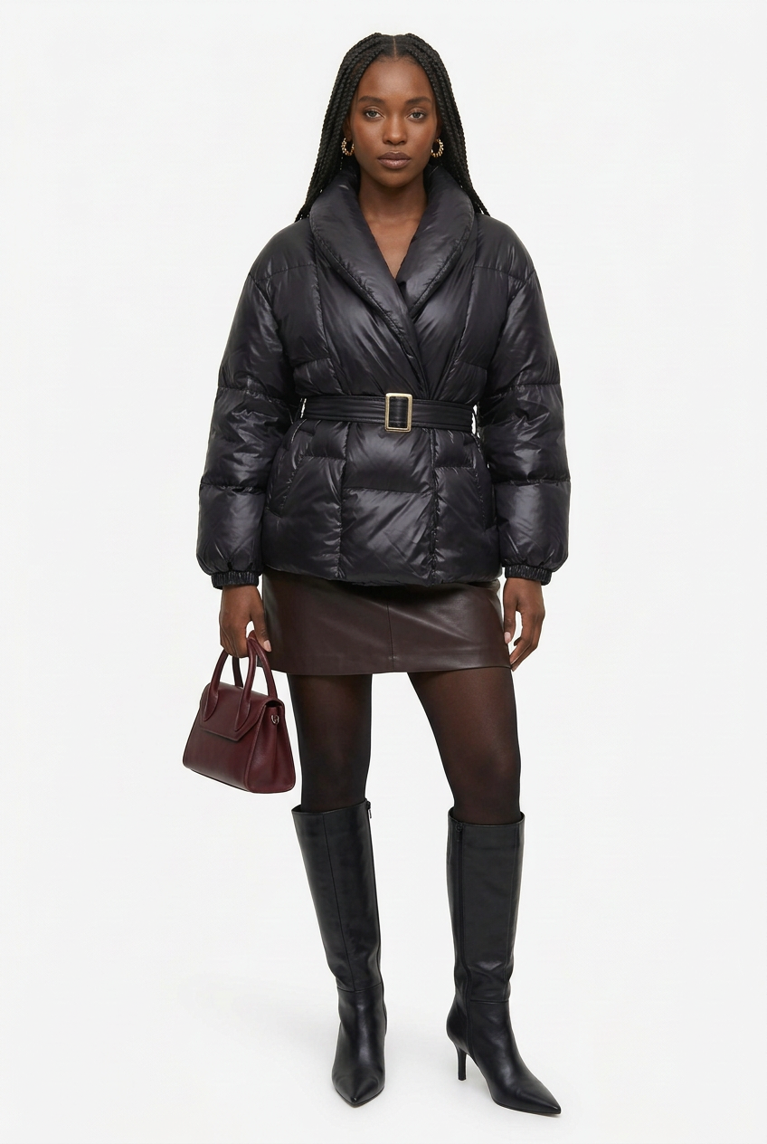 Doudoune noire ceinturée portée avec mini-jupe chocolat et bottes hautes sur fond blanc