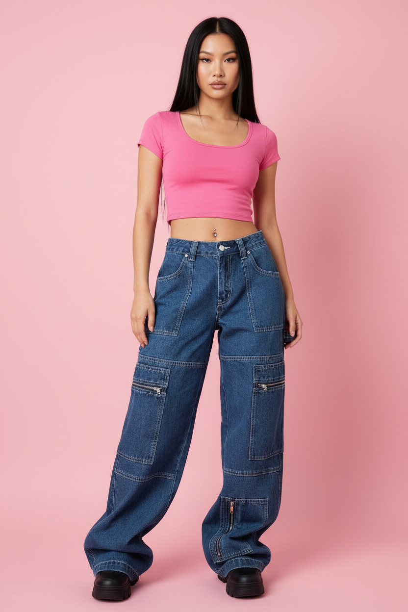 Zipper Pocket Wide Leg Cargo Jeans - Dark Blue - Vue face entière