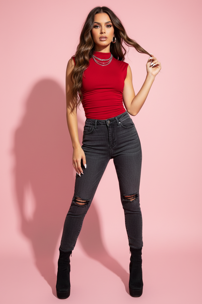 Top Sans Manches Col Montant Froncé – Deep Red