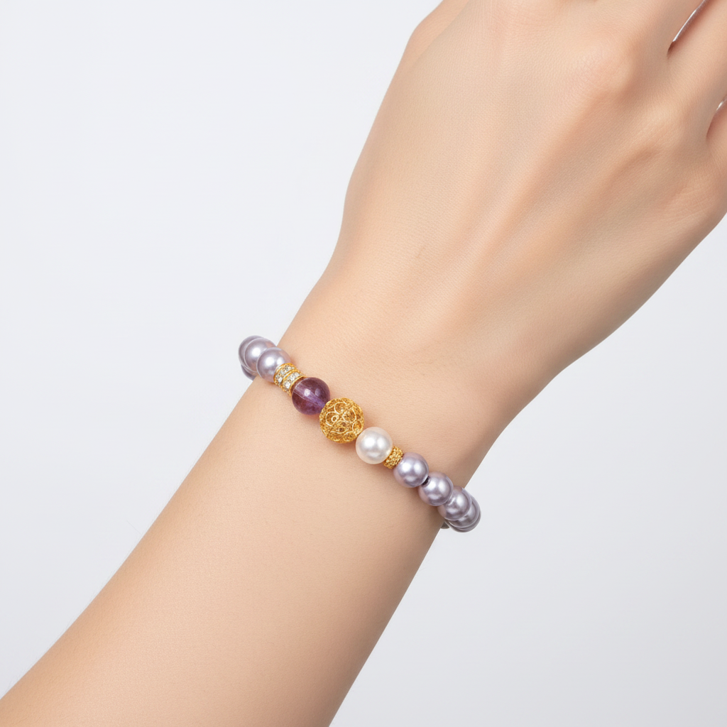 Bracelet perlé pink purple - porté au poignet