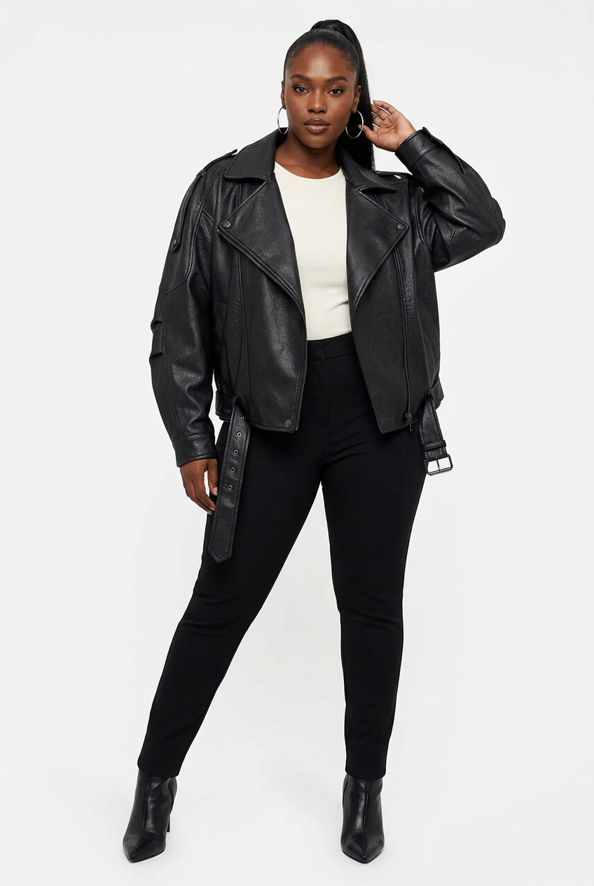 Veste zippée noire portée de face en pose baddie corps entier