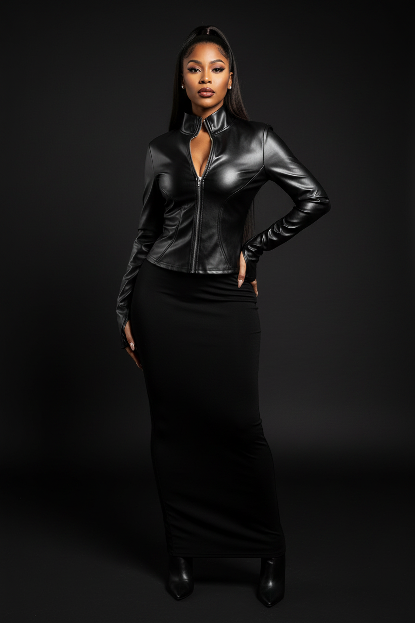 Veste en Cuir Zippée Manches Longues - Mannequin vue face