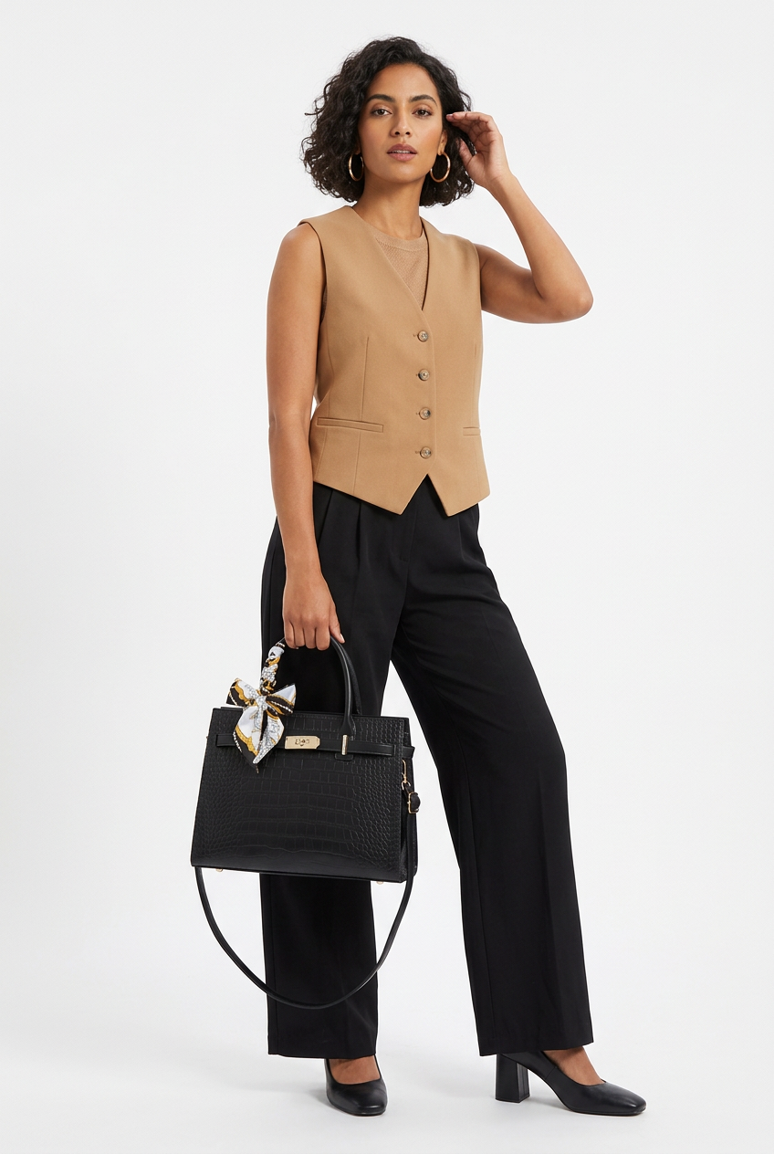Sac effet croco noir avec foulard porté sur mannequin corps entier