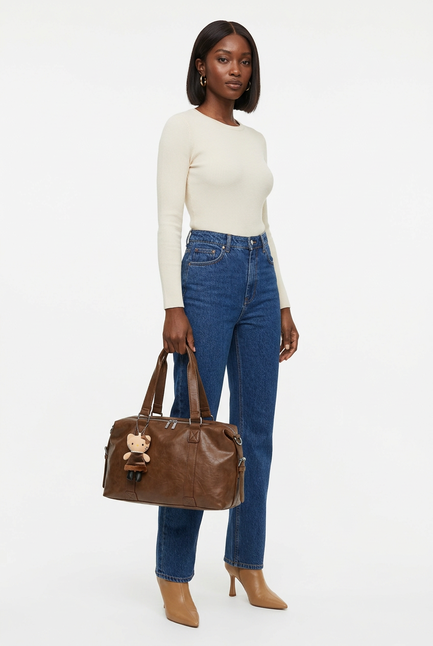 Sac caramel avec bijou porté à l’épaule, mannequin corps entier sur fond studio blanc