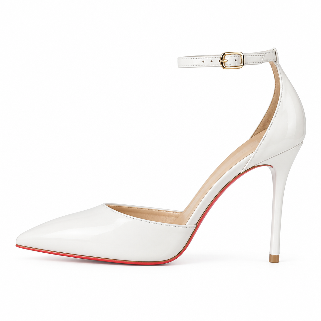 Escarpin blanc à talon aiguille et bride de cheville vu de profil
