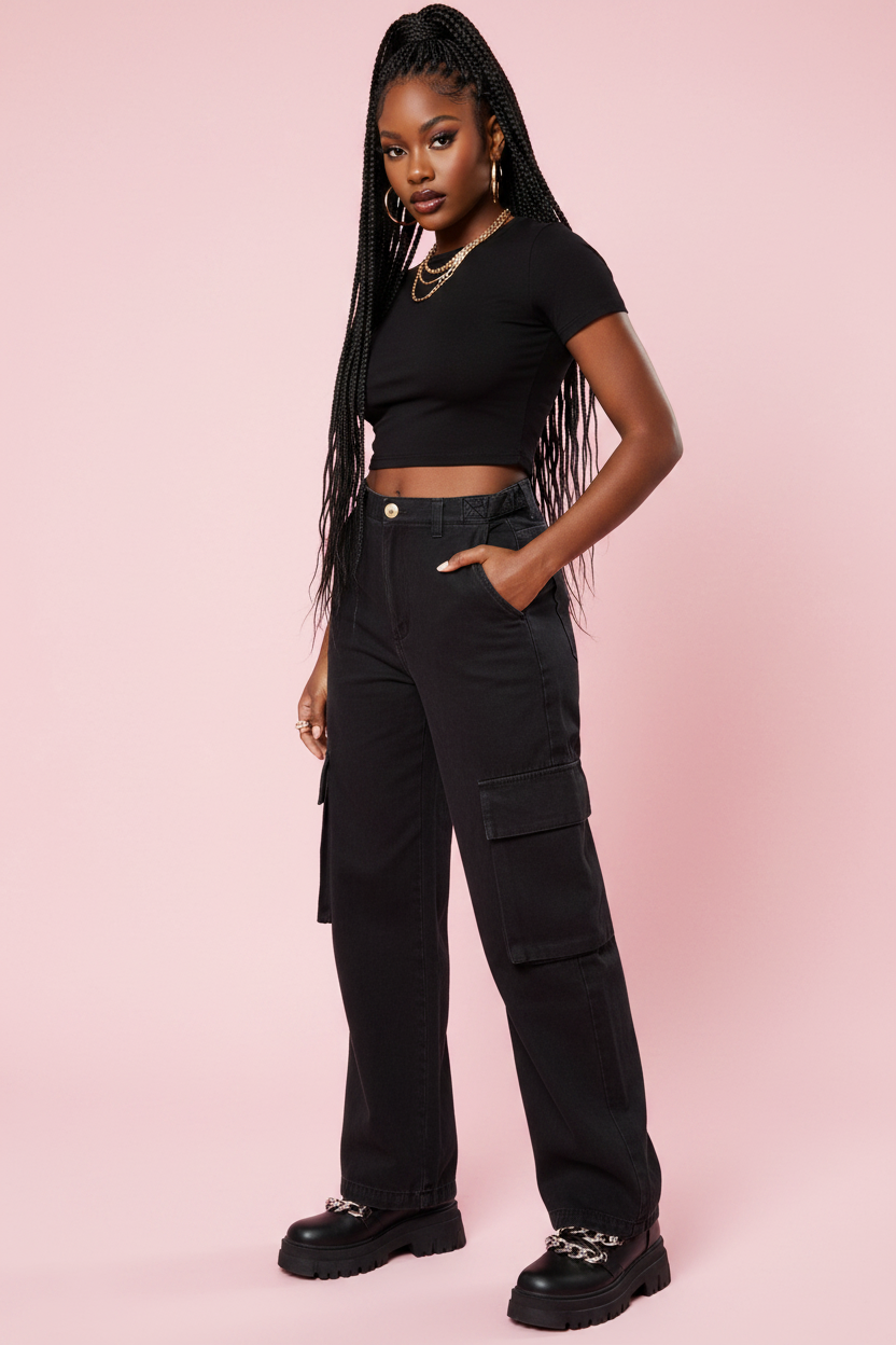 Jean cargo noir mannequin corps entier 3/4
