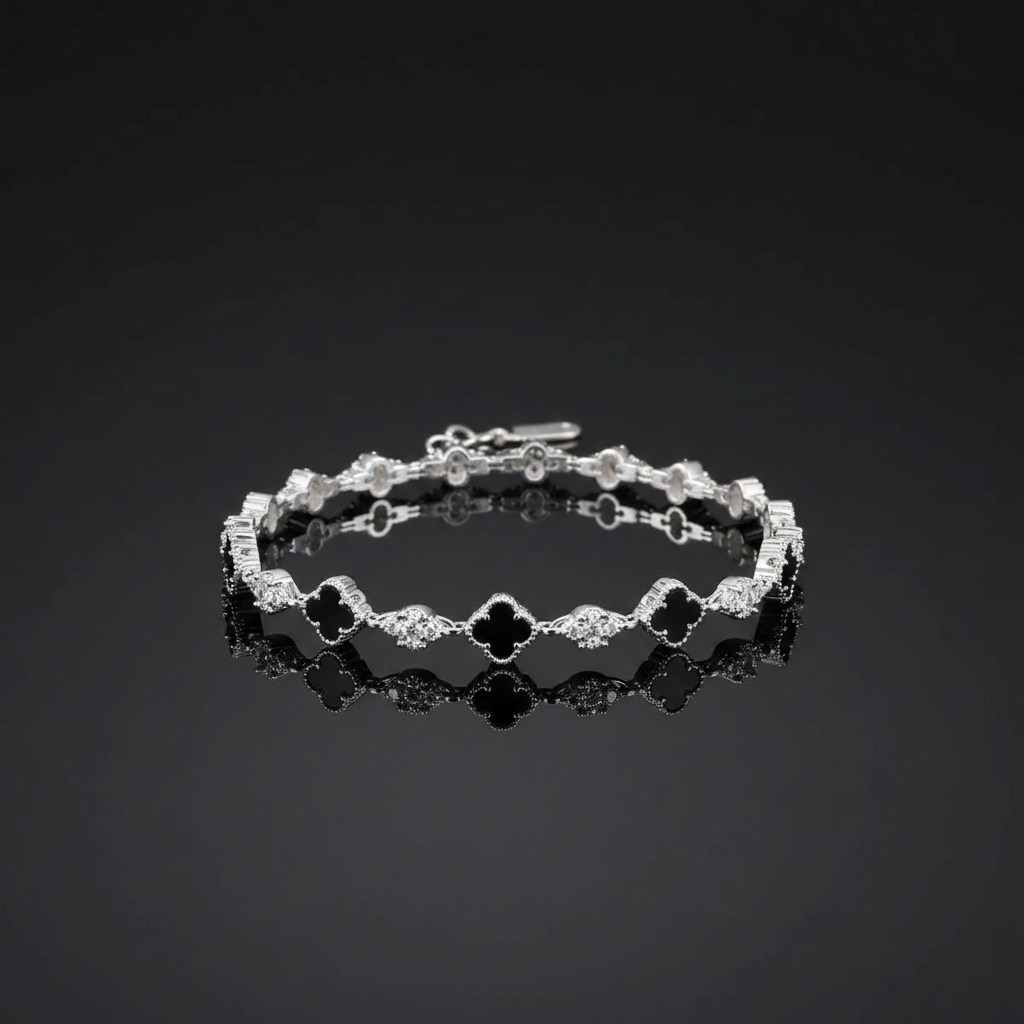 Bracelet trèfle agate - studio noir luxe reflet miroir