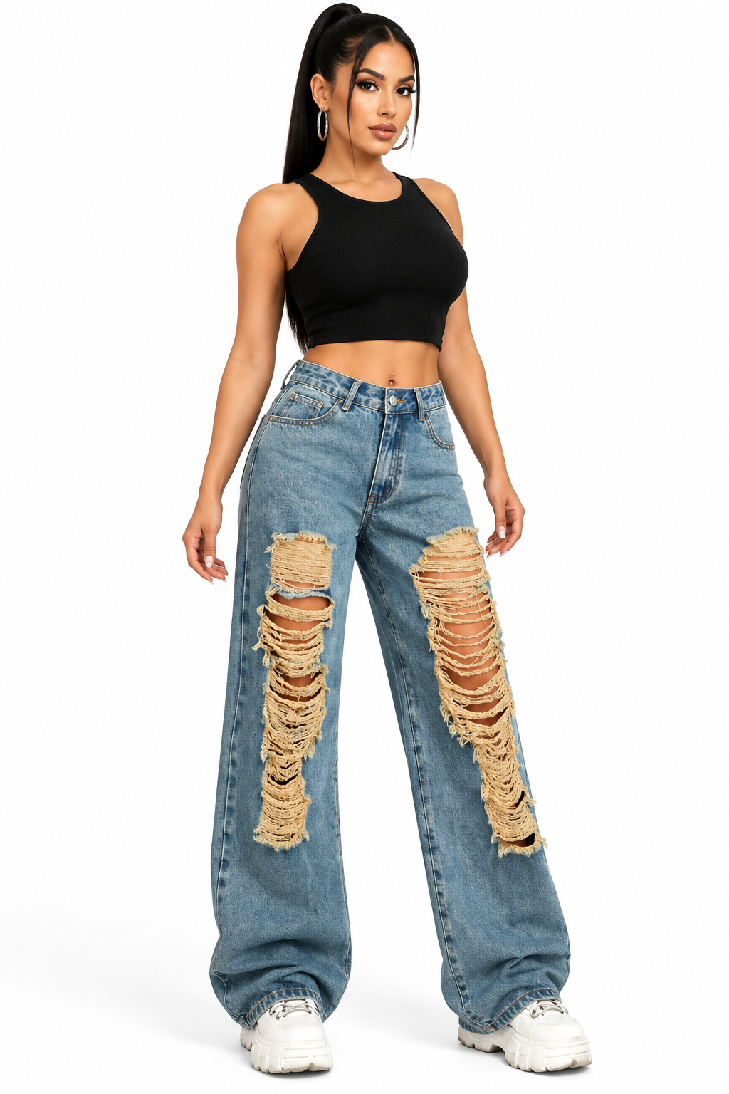 Jean large destroy bleu, vue trois-quarts corps entier