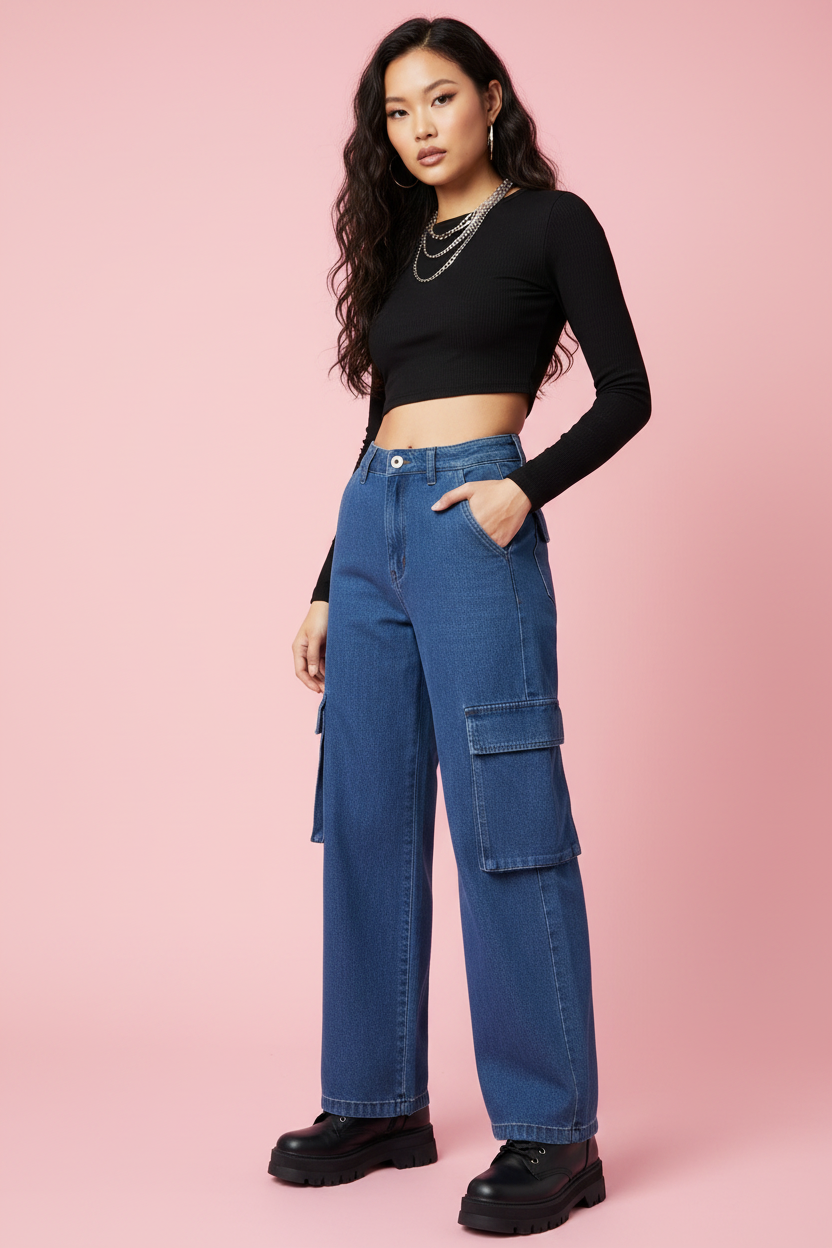 Jean cargo bleu mannequin corps entier 3/4