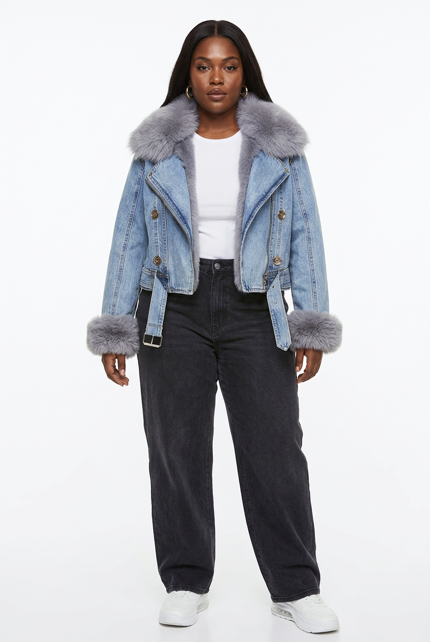 Veste en jean bleue à col fausse fourrure portée de face sur mannequin grande taille