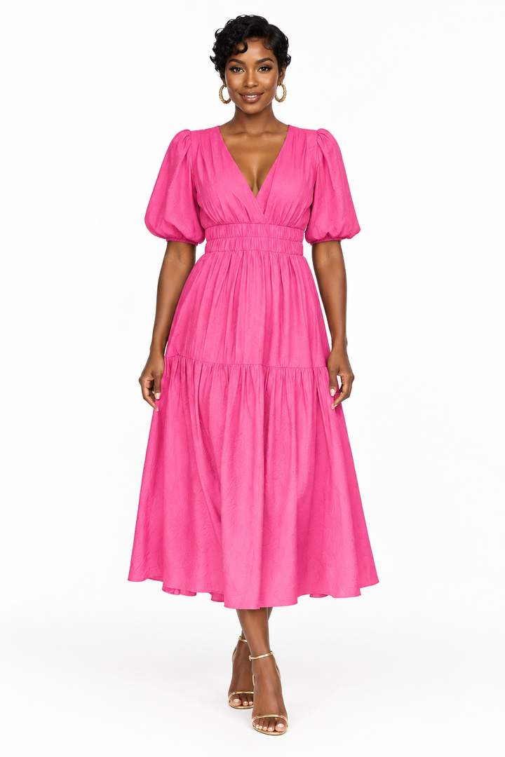 Robe Midi à Volants Étagés et Manches Bouffantes