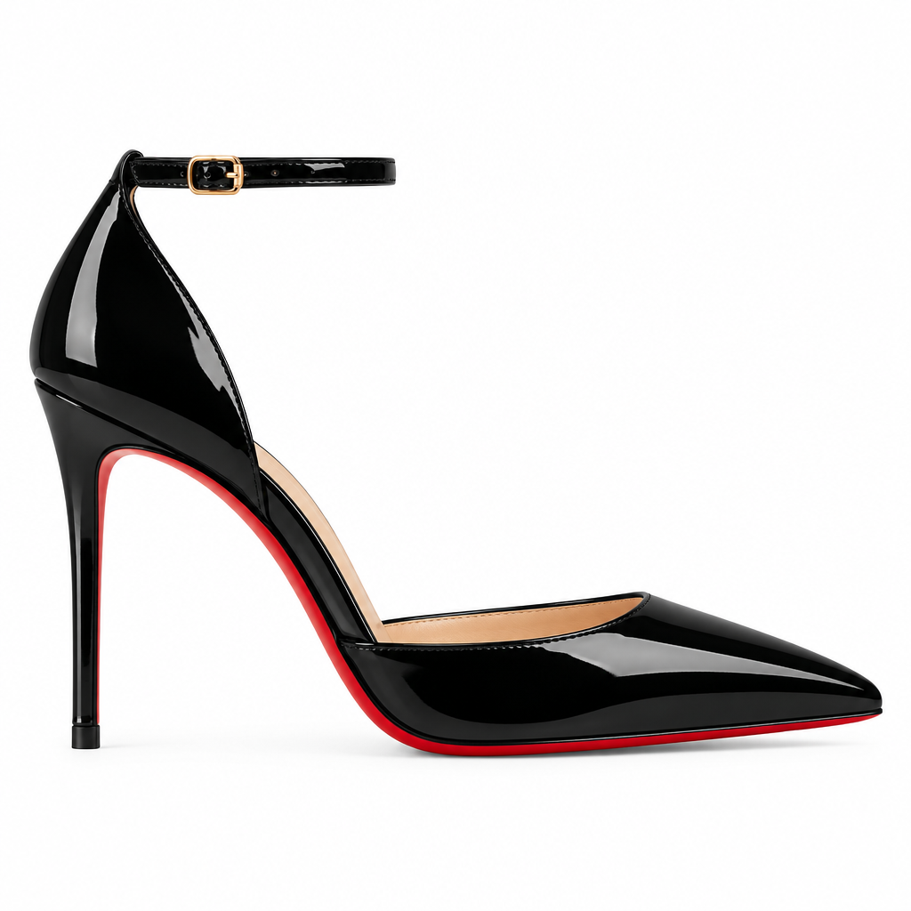Escarpin noir verni à bride de cheville et talon aiguille vu de profil
