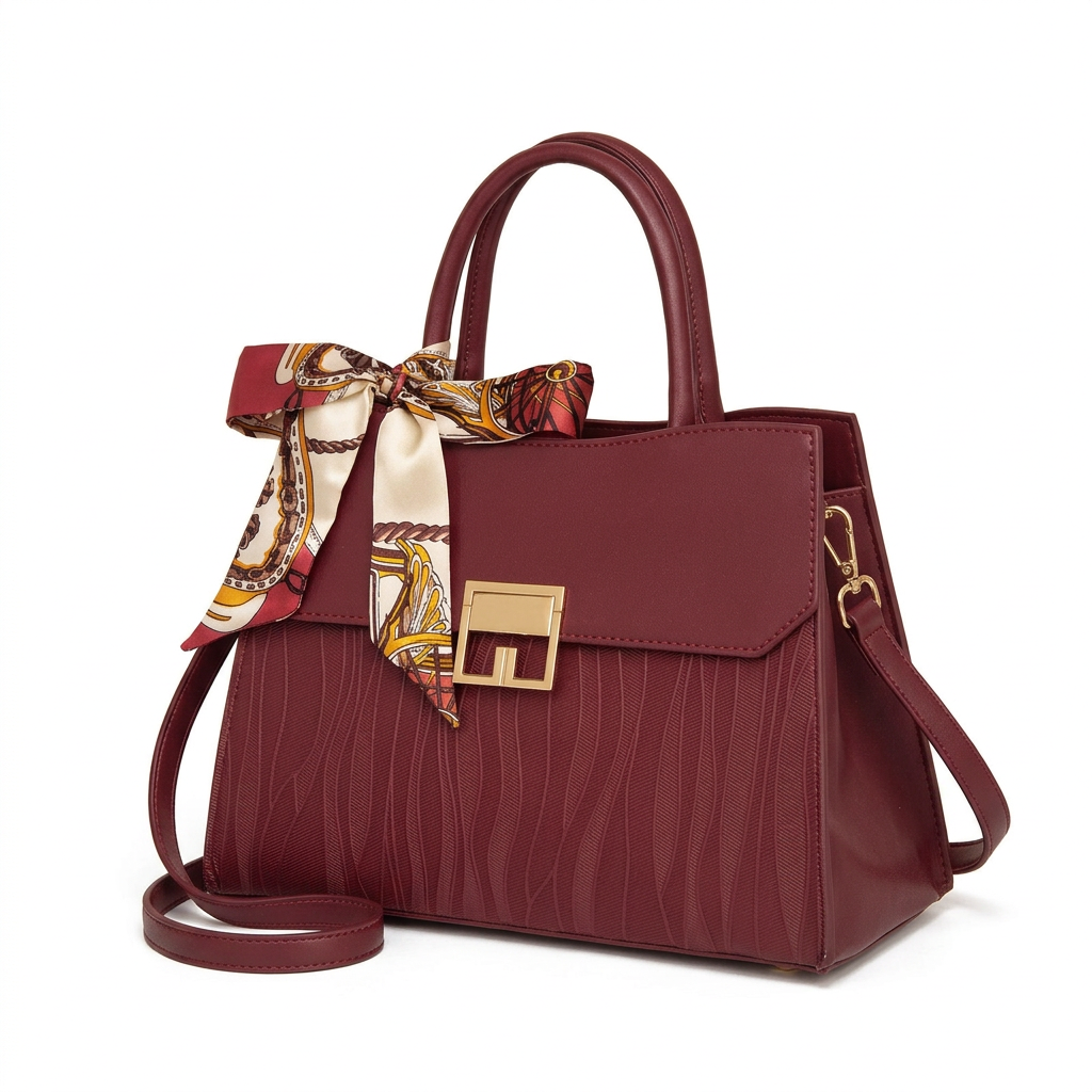 Sac rouge bordeaux avec foulard décoratif seul en vue de trois-quarts