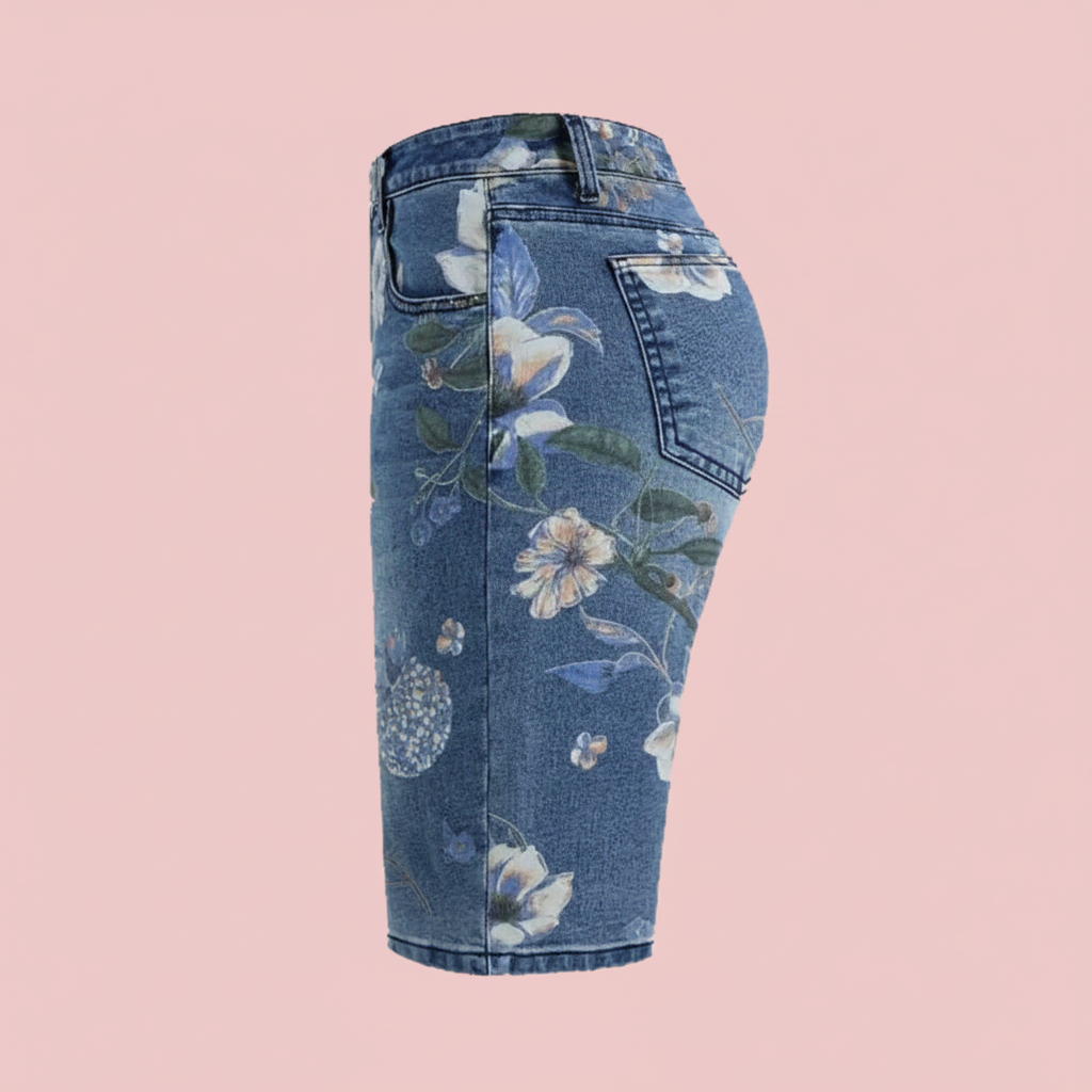 Short floral denim fond rose pastel 4