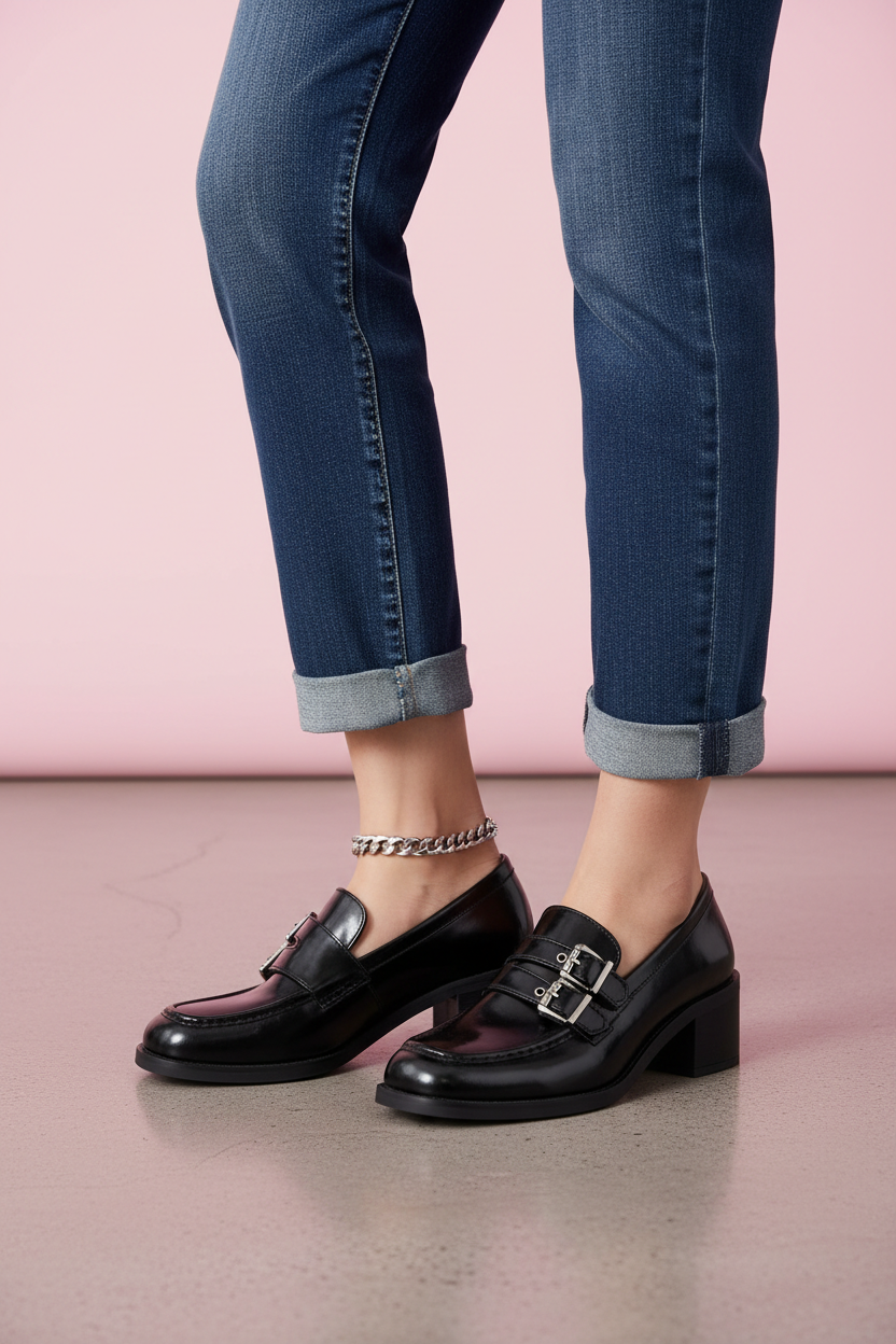 Mannequin 3/4 zoomé - Mocassins Black - fond rose pastel