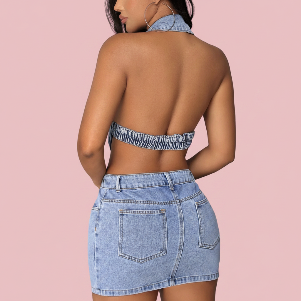 Mini robe en jean bleu fond rose pastel - vue 4